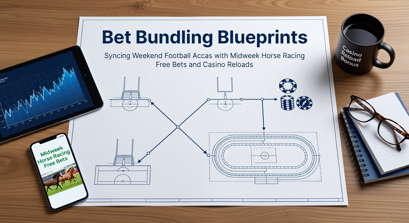 Visual blueprint showing interconnected betting promotions: football accas, horse racing free bets, and casino reloads aligned on a calendar