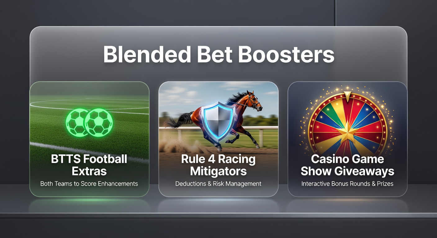 Vibrant collage showing football pitch action with BTTS goals, horse racing starting gates under Rule 4 scrutiny, and casino game show wheels spinning prizes