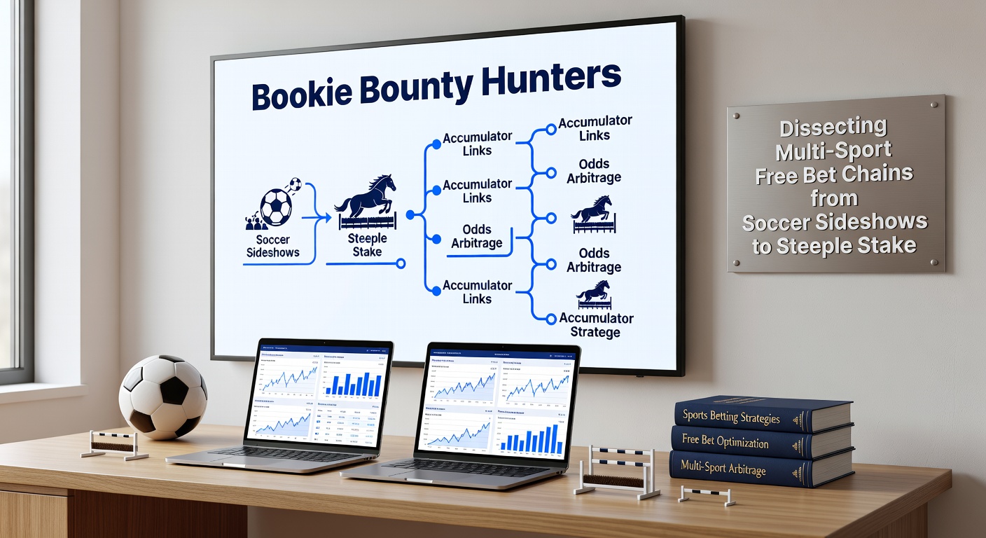 Close-up of a strategic betting chain diagram connecting football goals, jumping horses over steeplechase obstacles, and cascading slot wins