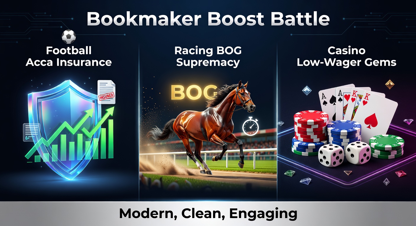 Collage of football pitch action, horse racing at the track, and casino slot reels highlighting bookmaker promotions