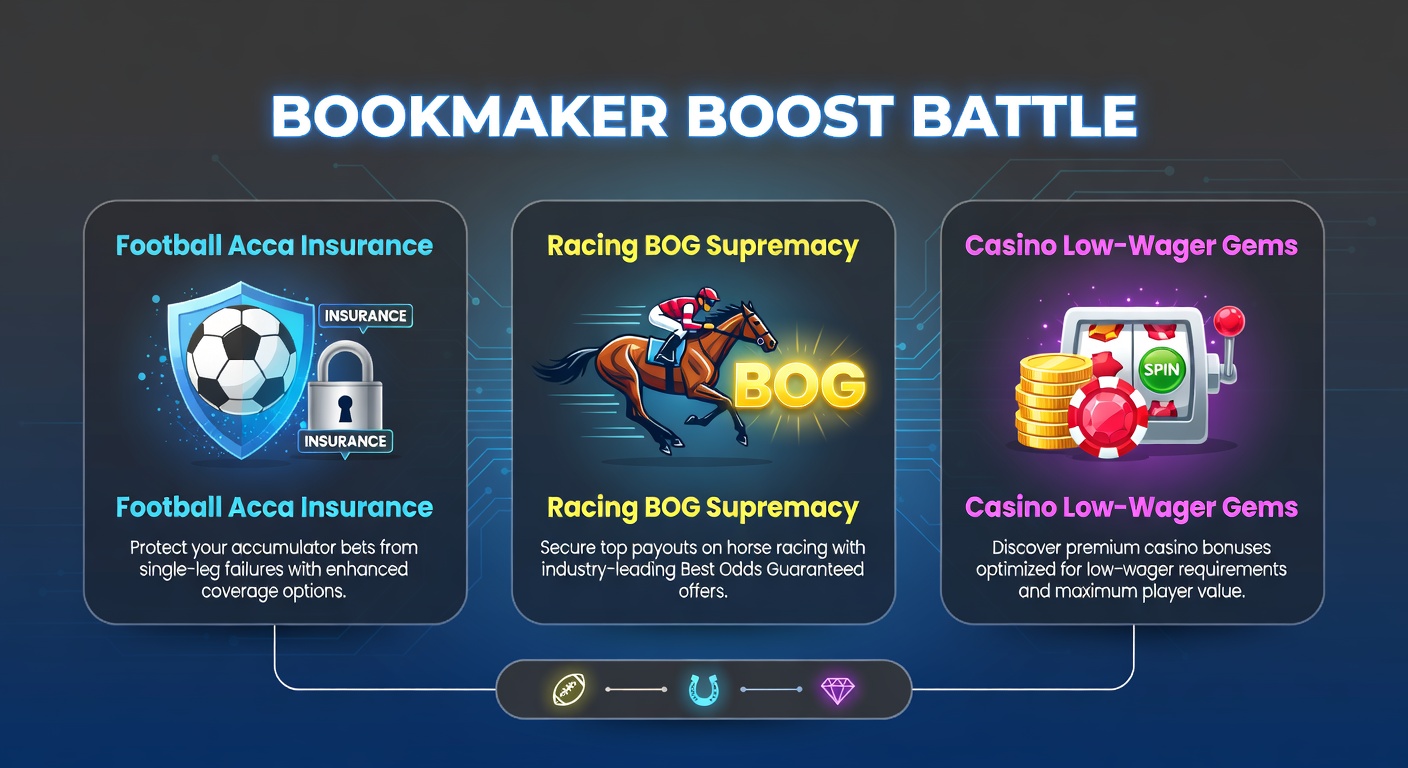 Split-screen comparison of a football accumulator slip, horse racing odds board, and casino bonus terms on a mobile betting app