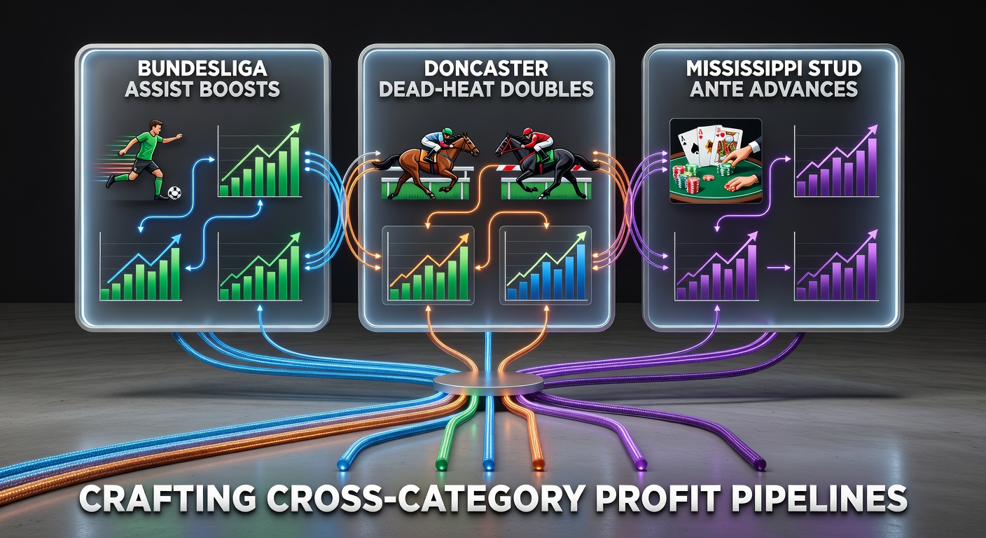 Collage of Bundesliga match action, Doncaster racecourse finish line, and Mississippi Stud poker table layout highlighting betting opportunities across sports and casino