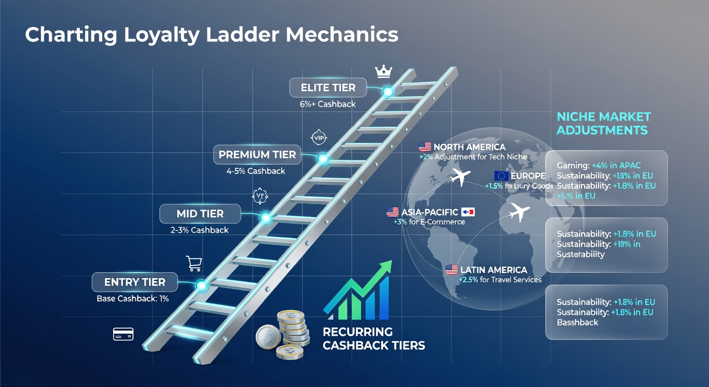 Visual diagram showing tiered loyalty ladders with cashback percentages and market-specific adjustments for global betting circuits