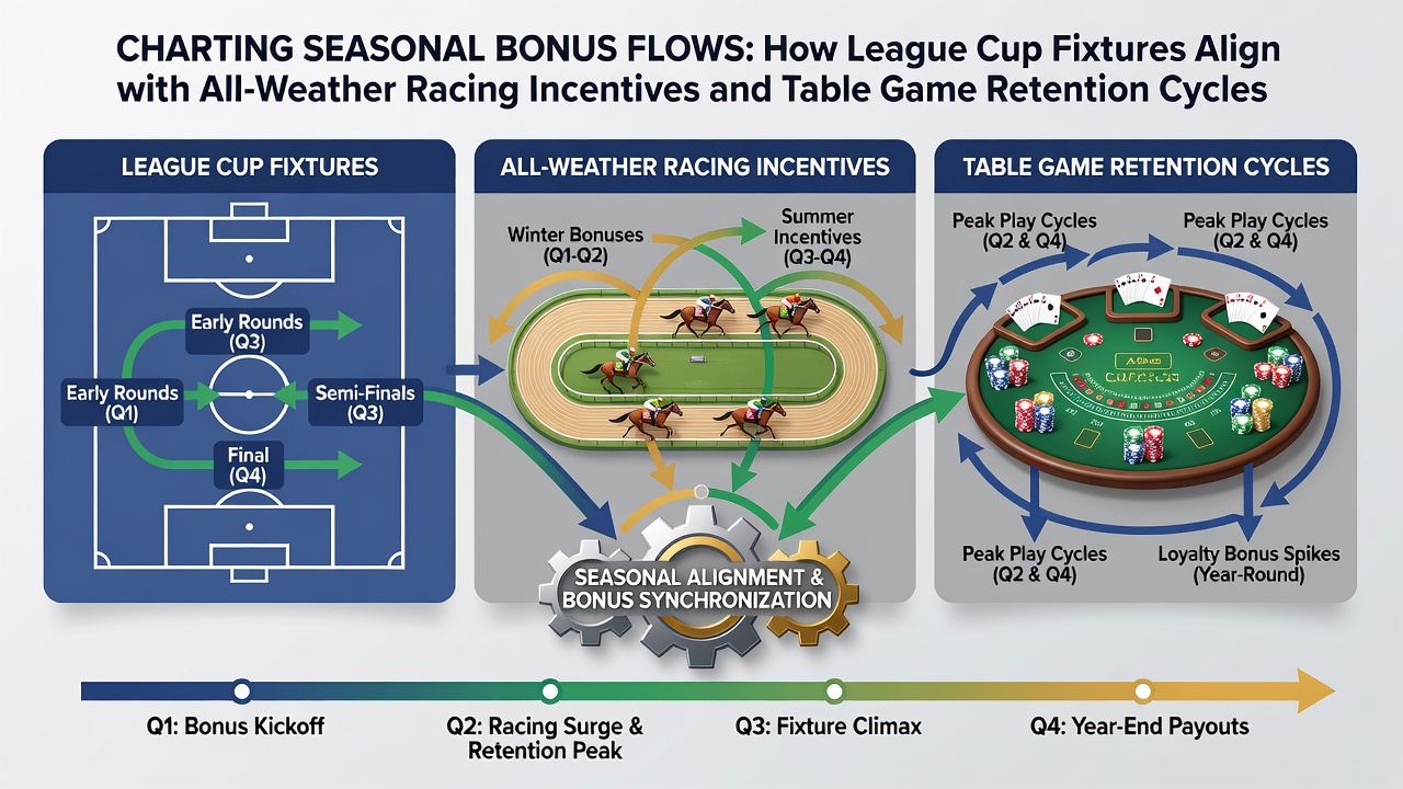 Seasonal betting patterns chart showing League Cup fixtures alongside all-weather horse racing and casino table game promotions