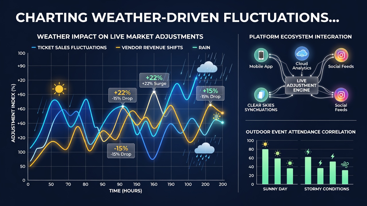 Weather monitoring dashboard displaying real-time adjustments for outdoor event markets across multiple digital platforms
