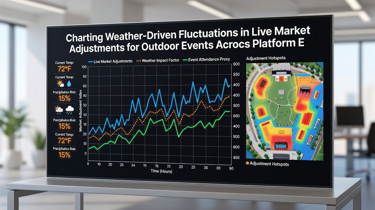 Outdoor festival grounds under variable weather conditions with overlaid market pricing indicators from connected platforms