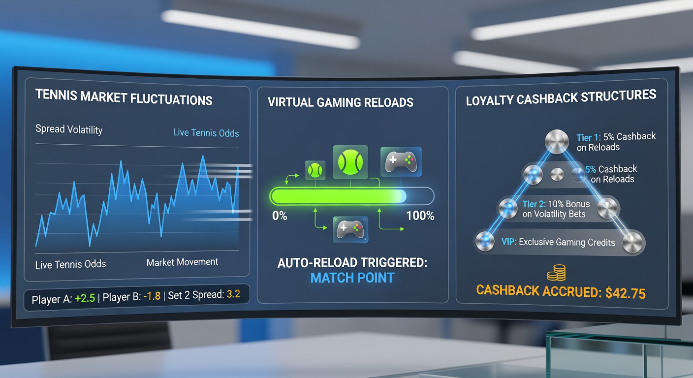 Tennis betting spread charts displayed alongside virtual gaming reload interfaces and loyalty cashback dashboards on multiple screens