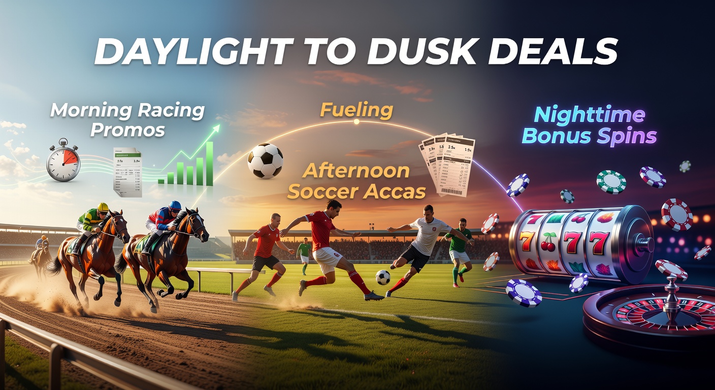Horse racing track at dawn with overlaid soccer pitch and casino slots glowing into evening, illustrating the progression of betting promotions from morning to night