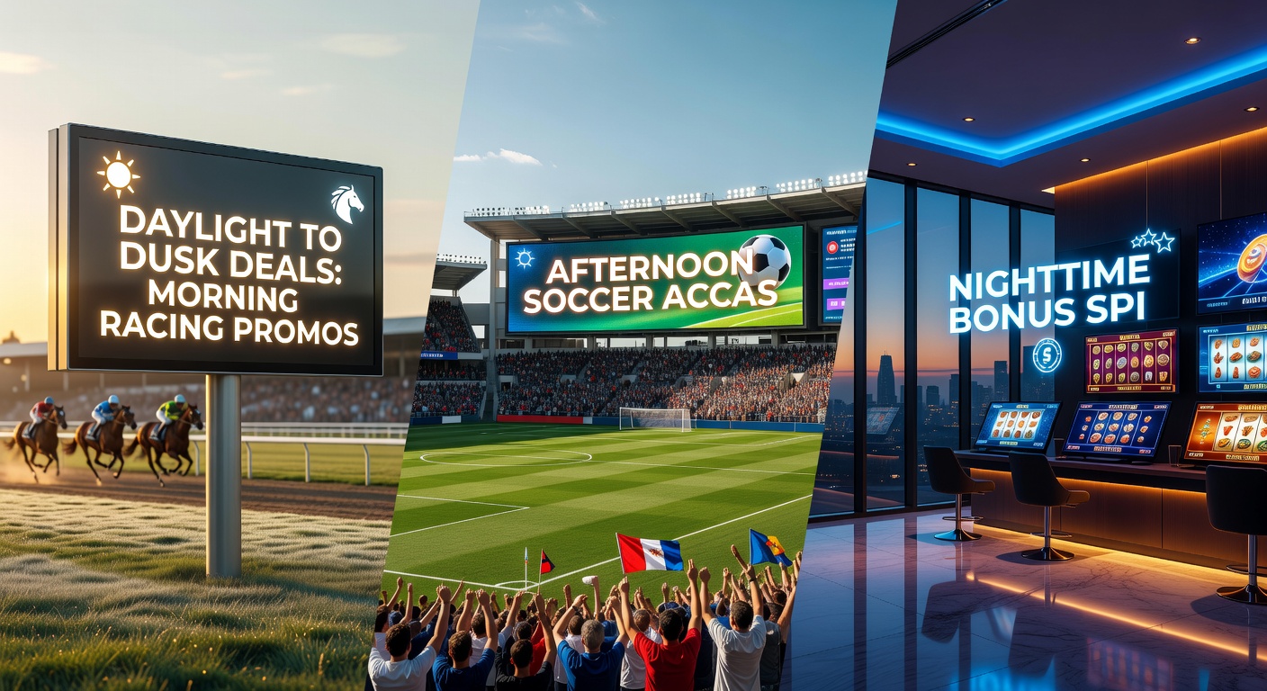 Timeline graphic showing morning horse racing bets flowing into afternoon soccer matches and evening casino reels, with promotional icons connecting each phase