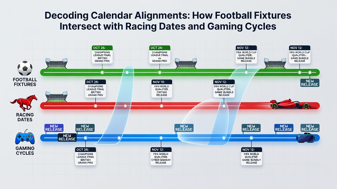 Infographic illustrating how football, racing, and gaming schedules converge in specific months like August