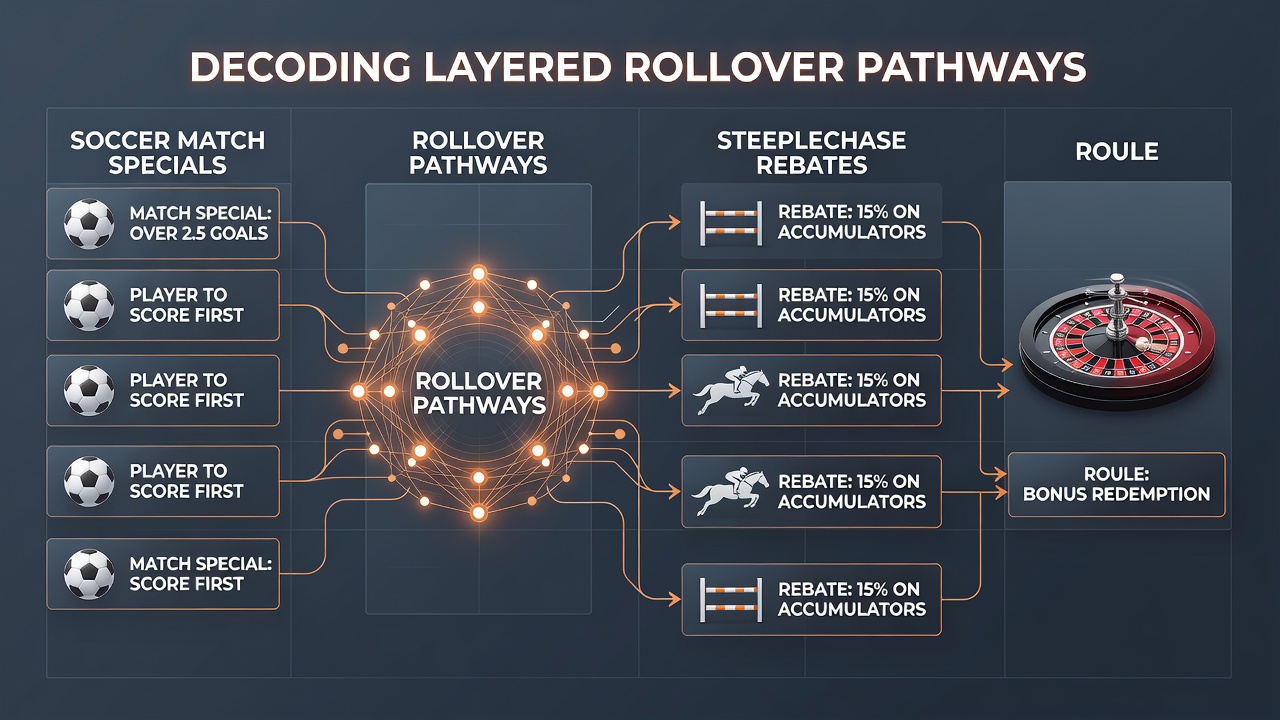 Flowchart illustrating sequential bonus activation from football promotions through horse racing rebates into casino roulette multipliers