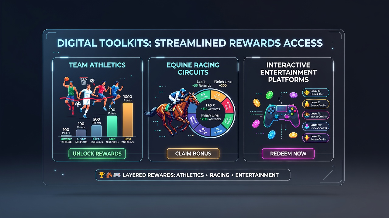 Digital dashboard showing integrated reward layers across sports, racing, and entertainment apps