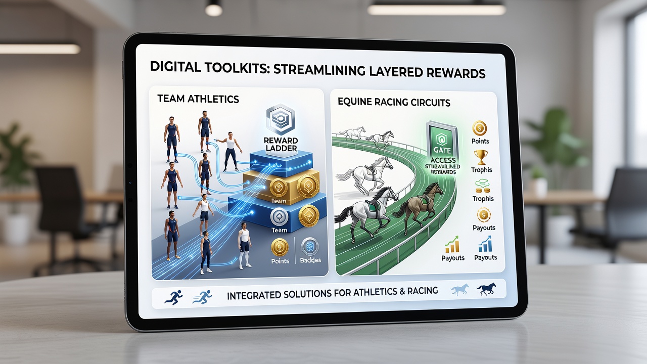 Mobile interface displaying layered rewards from athletics, racing, and entertainment in one view