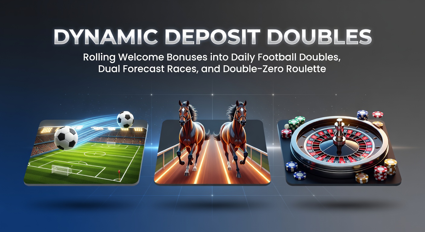 Visual breakdown of deposit double promotions linking football bets, horse racing forecasts, and roulette wheels across betting platforms