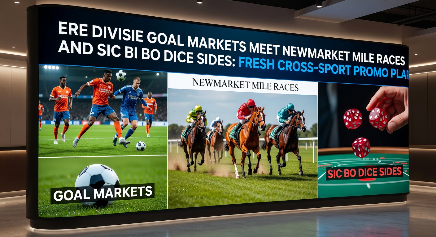 Close-up of Eredivisie goal celebration merging into Newmarket jockey urging a horse in a mile race, with Sic Bo dice showing triple twos for a big casino win, symbolizing seamless promo chaining
