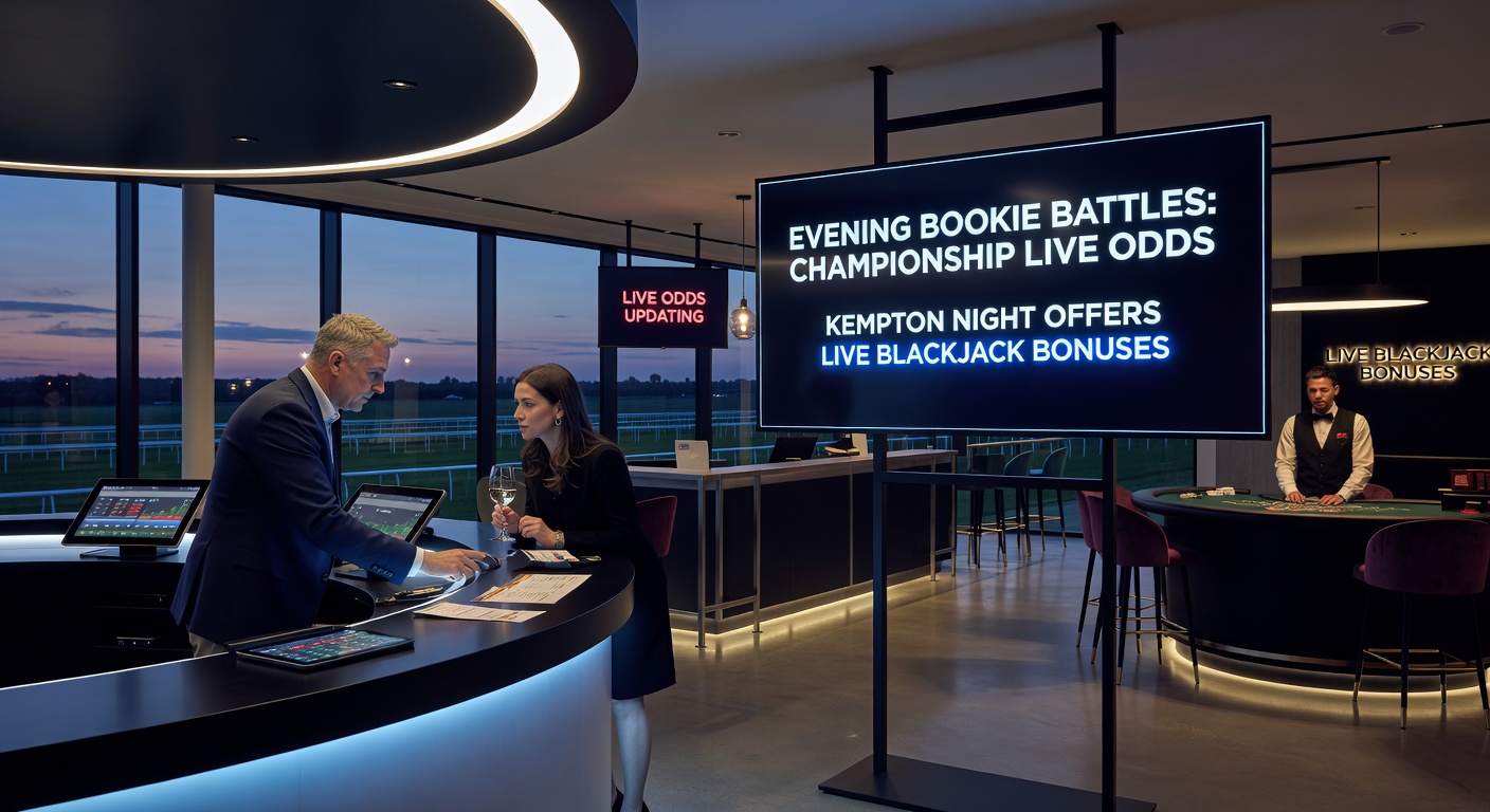 Vibrant evening scene at Kempton Park racecourse under floodlights with overlaid Championship football stadium lights and casino blackjack table, capturing the thrill of night-time betting action