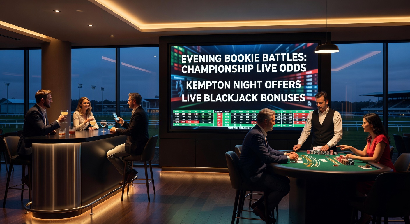 Close-up of horses thundering down Kempton Park's floodlit all-weather track at dusk, with bookmaker app screens showing live odds and bonus icons in the foreground
