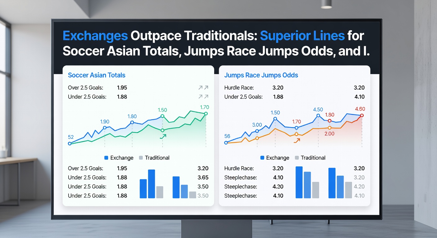 Betting exchange dashboard displaying live markets for soccer Asian totals, jumps racing odds, and blackjack insurance options with tight spreads and high liquidity