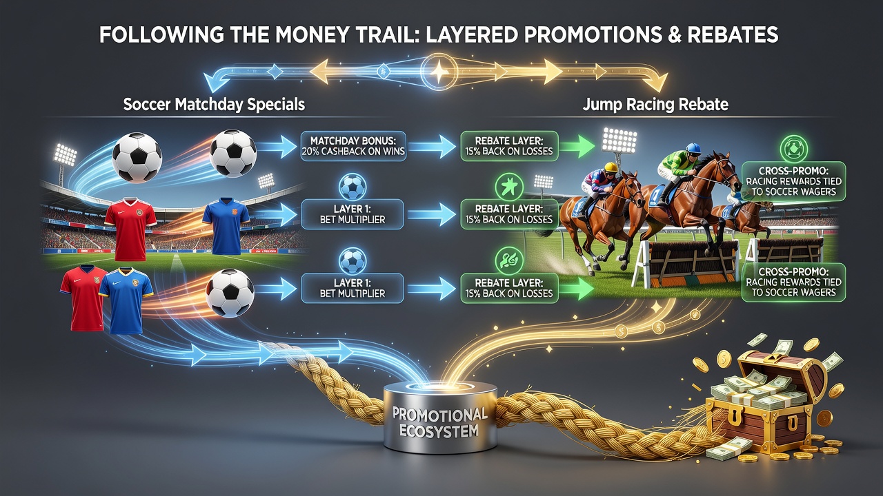 Flow chart illustrating layered bonus allocation across soccer, racing, and slots