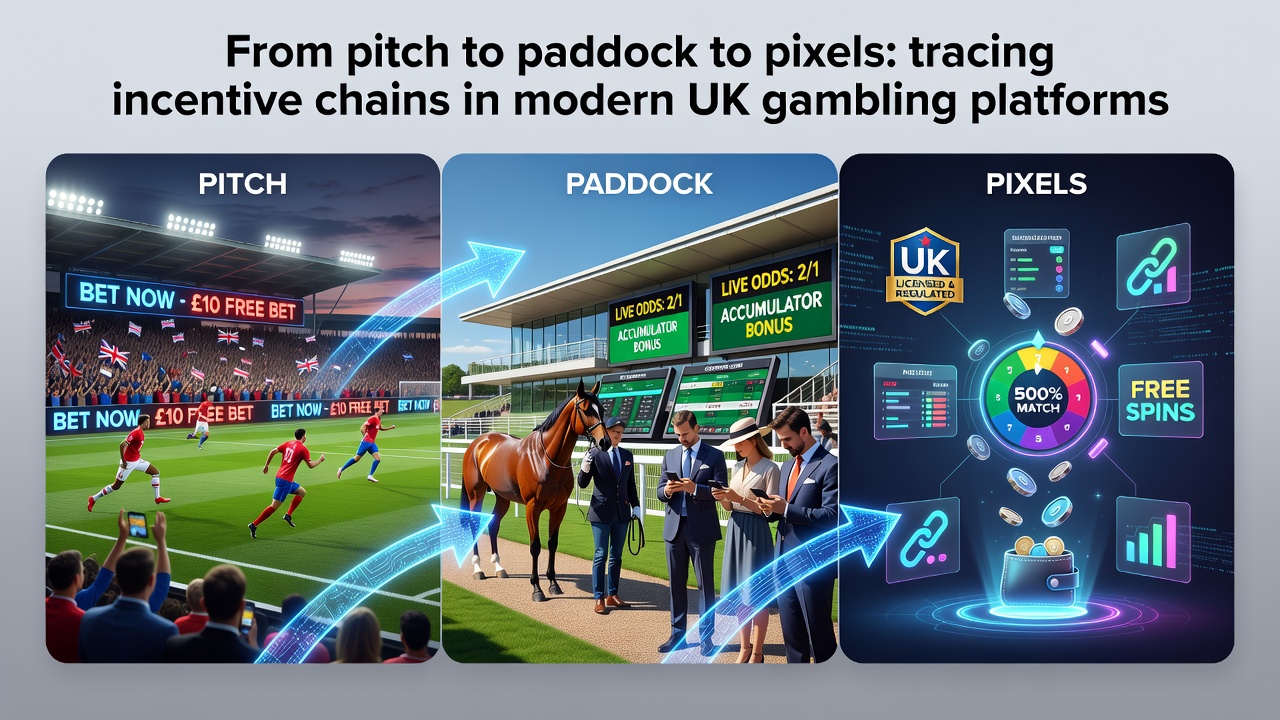 Digital interface showing interconnected betting platforms linking football pitches, horse racing paddocks, and online pixel-based systems