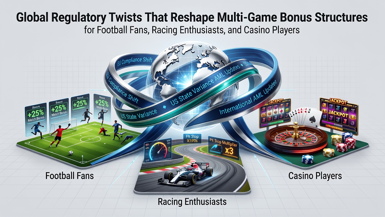 Illustration of interconnected global regulatory frameworks affecting football, horse racing, and casino bonus systems across multiple jurisdictions