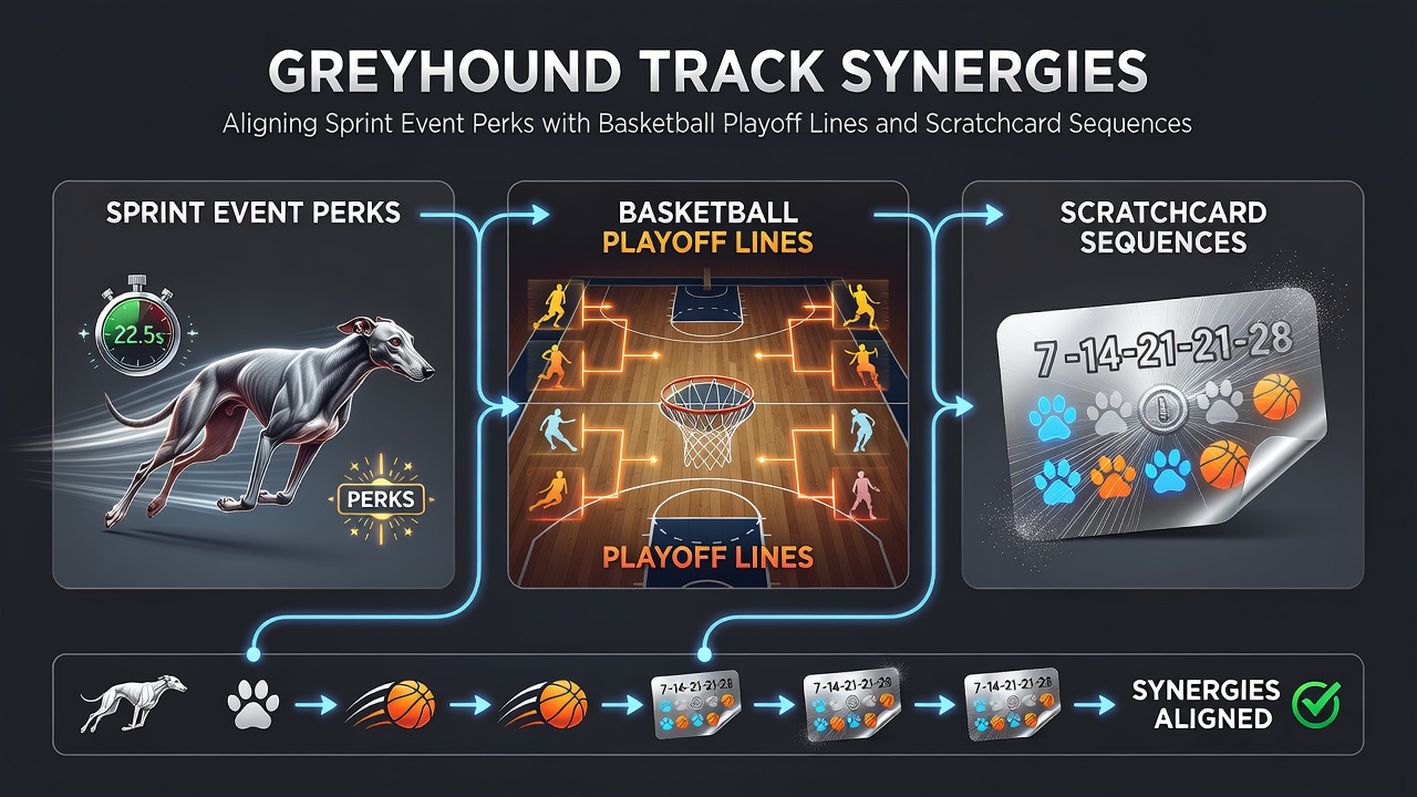 Greyhound racing track with promotional overlays and basketball playoff graphics