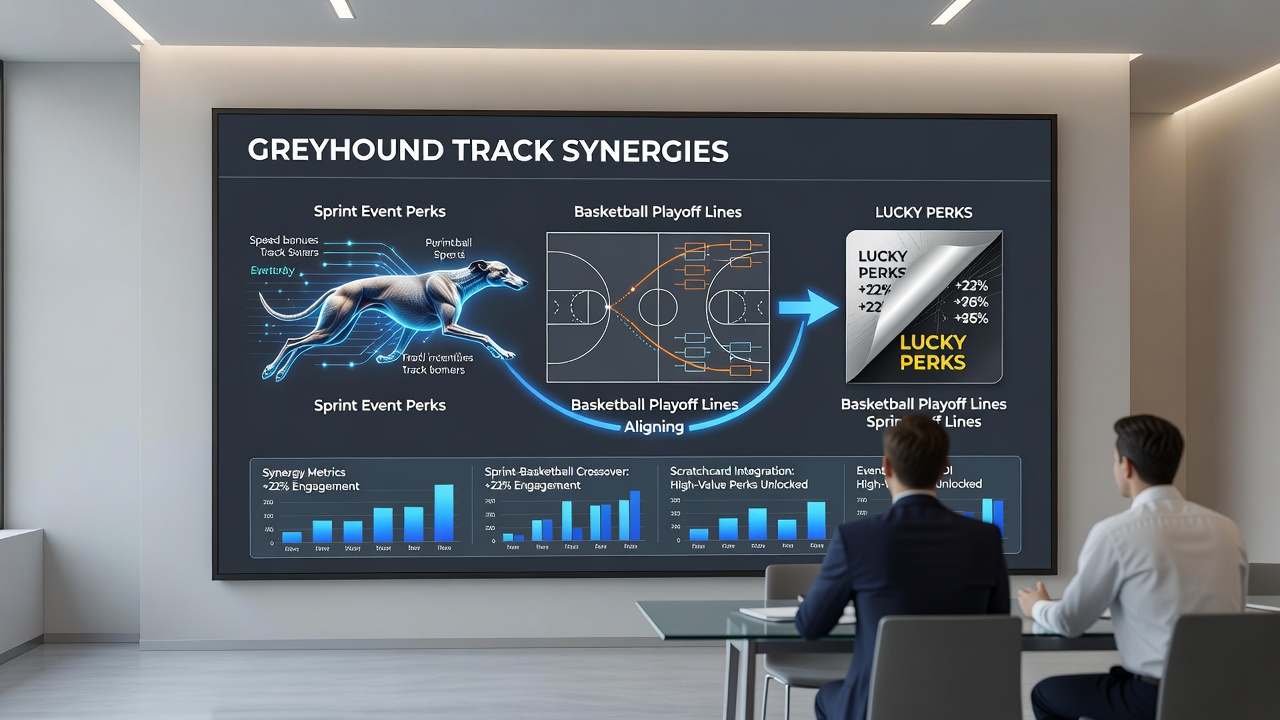 Digital interface displaying aligned greyhound, basketball, and scratchcard promotions