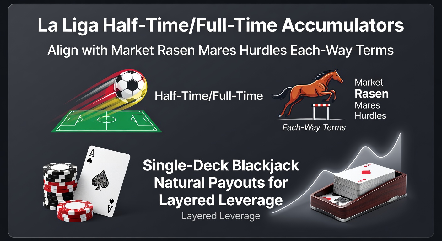 Dynamic overlay of La Liga pitch action merging with Market Rasen racecourse jumps and a blackjack table showing a natural payout, illustrating cross-market betting alignment