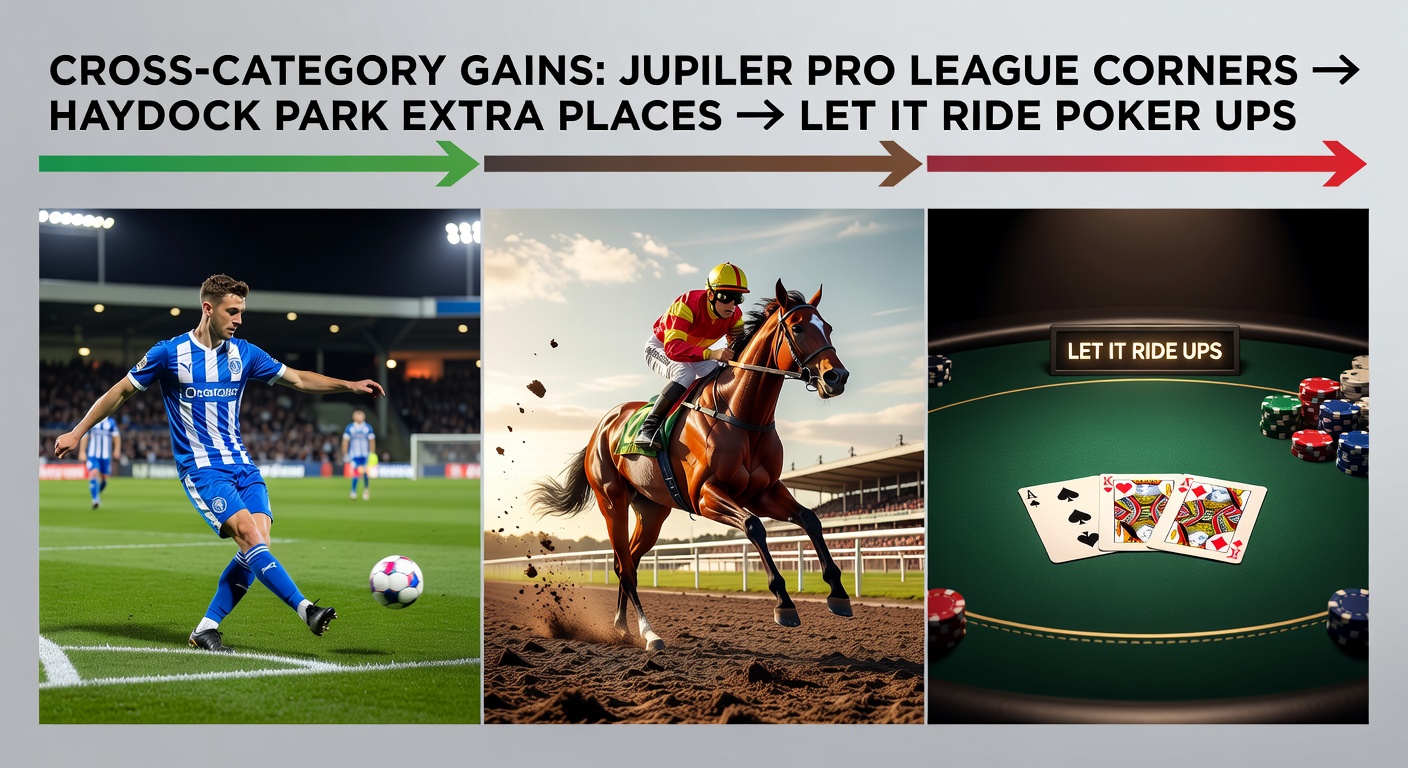 Dynamic action from a Jupiler Pro League match showing corner kicks, overlaid with graphics of betting markets and Haydock Park racecourse elements