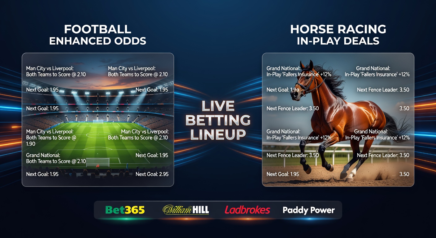 Dynamic split-screen graphic showing live football match action on one side and a horse racing in-play scene on the other, with overlaid odds boosts and bookmaker logos
