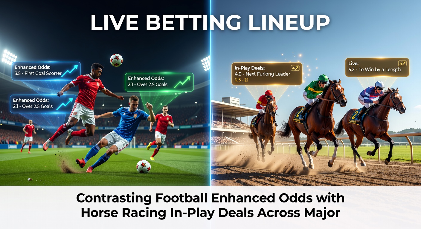 Close-up comparison table graphic of bookmaker apps displaying live football enhanced odds next to horse racing in-play markets, highlighting percentage boosts and terms