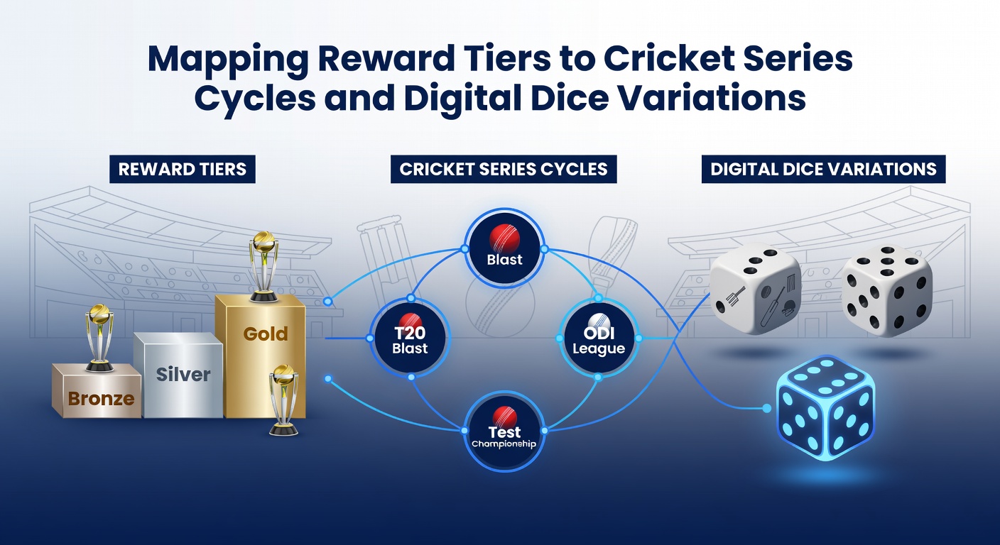 Infographic showing loyalty reward tiers aligned with cricket series timelines and digital dice game variations