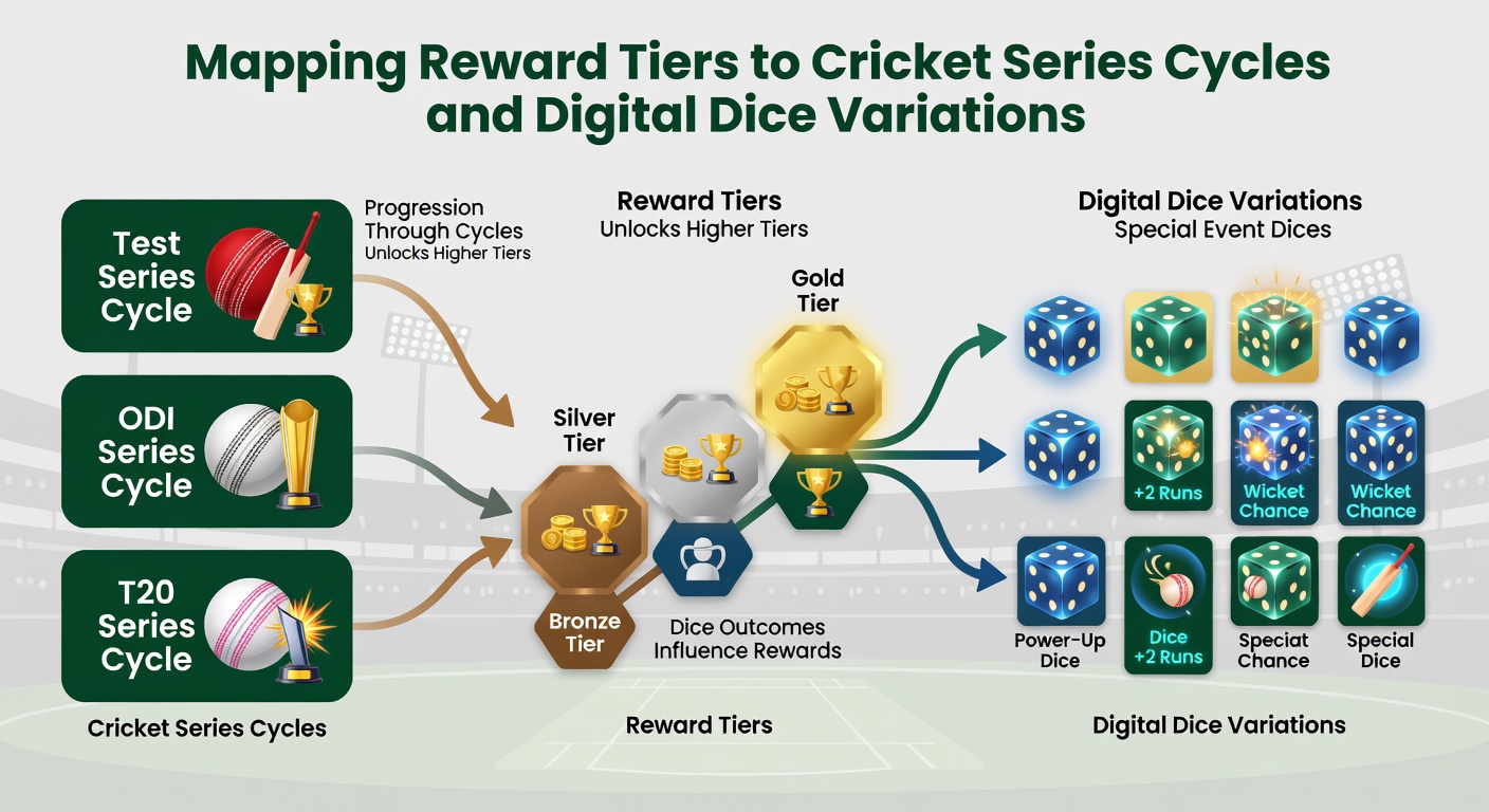 Chart displaying reward tier progression linked to cricket event phases and dice game volatility levels