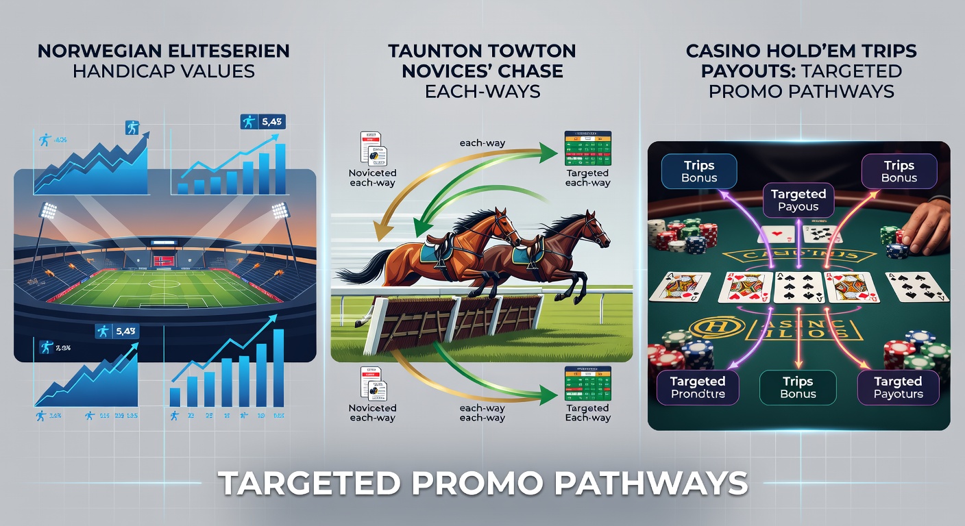 Norwegian Eliteserien match action with handicap betting overlays, alongside Towton racecourse jumps and Casino Hold'em table featuring trips payout chart