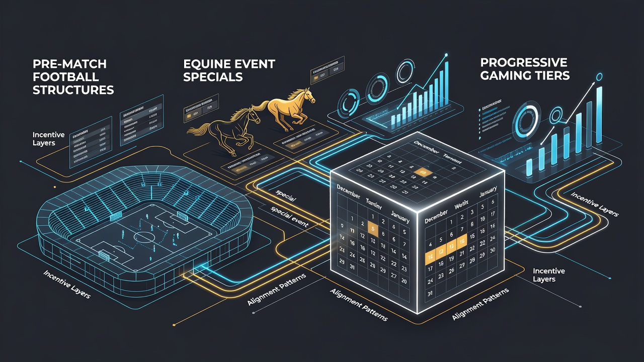 Layered betting incentives across football pre-match markets, horse racing specials, and casino tiers during seasonal shifts