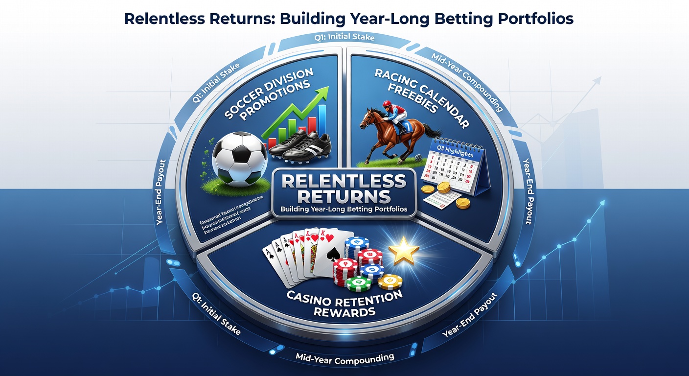 Calendar graphic showing a year-long betting portfolio with soccer leagues, horse racing events, and casino reward icons layered across months