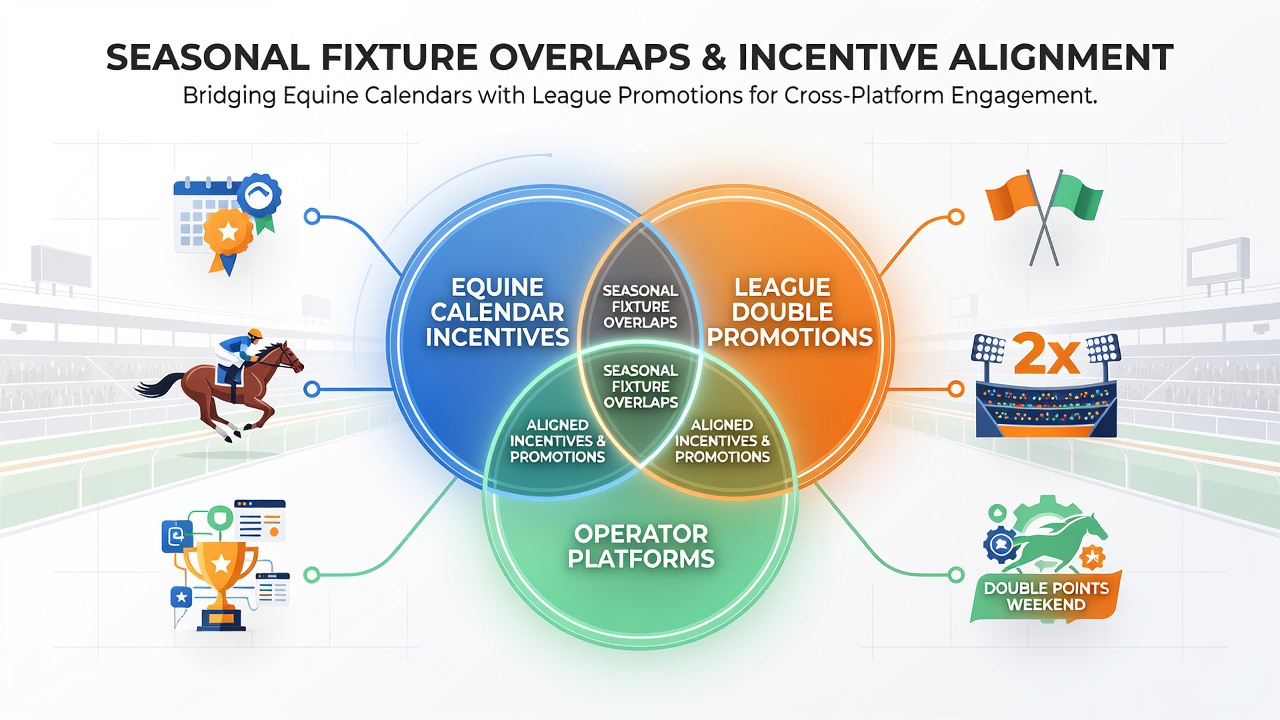 Calendar chart showing overlapping horse racing meetings and football league fixtures across multiple operator platforms