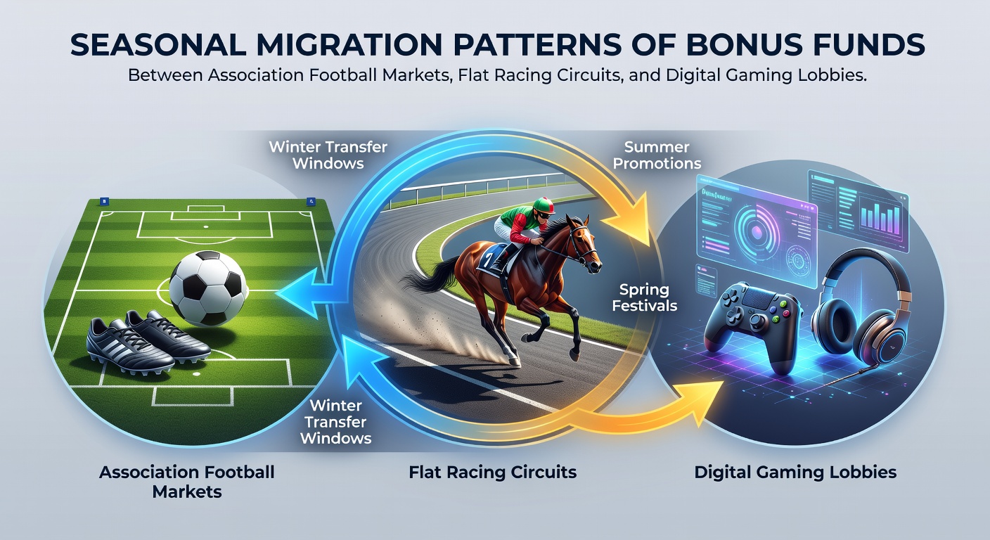 Illustration showing the flow of bonus funds across football stadiums, racecourses, and online casino interfaces during different seasons