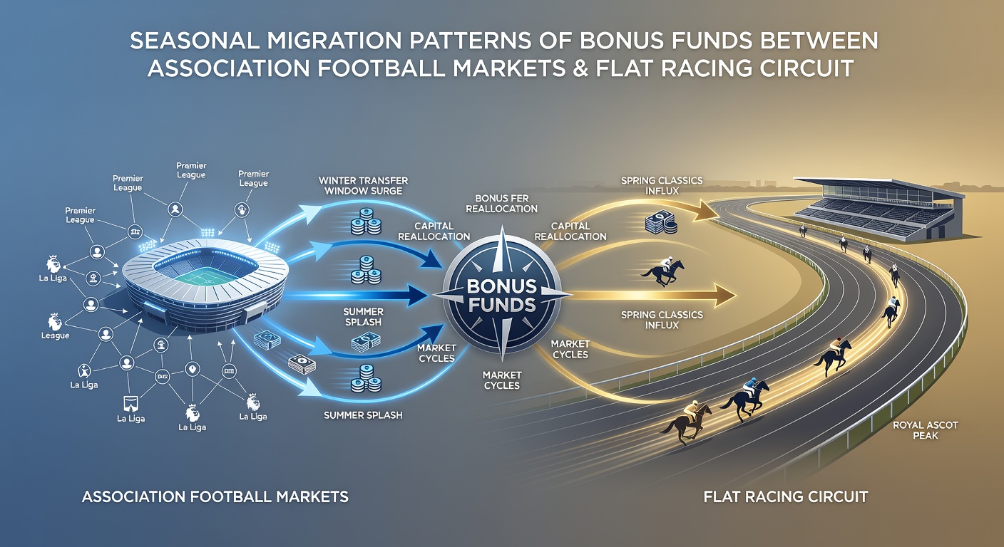 Chart displaying monthly migration volumes of bonus funds between football, racing, and casino platforms from 2024 to 2026