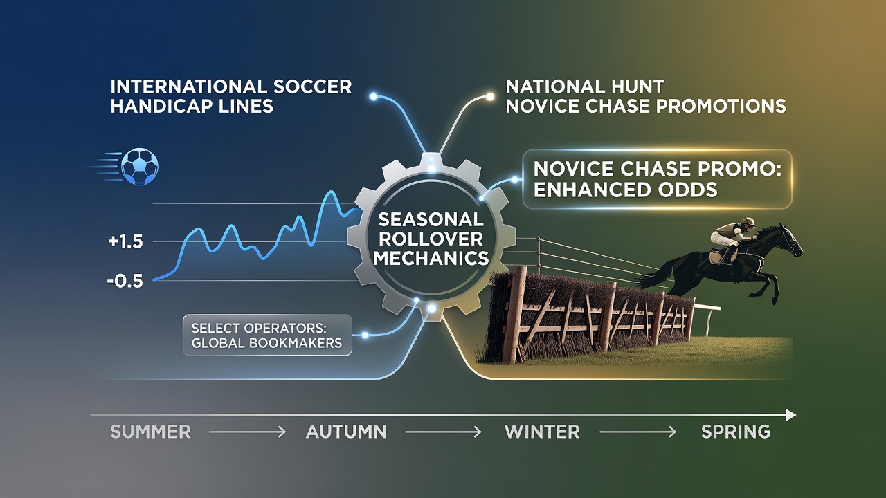 Operators display seasonal rollover interfaces connecting soccer handicap lines and novice chase promotions
