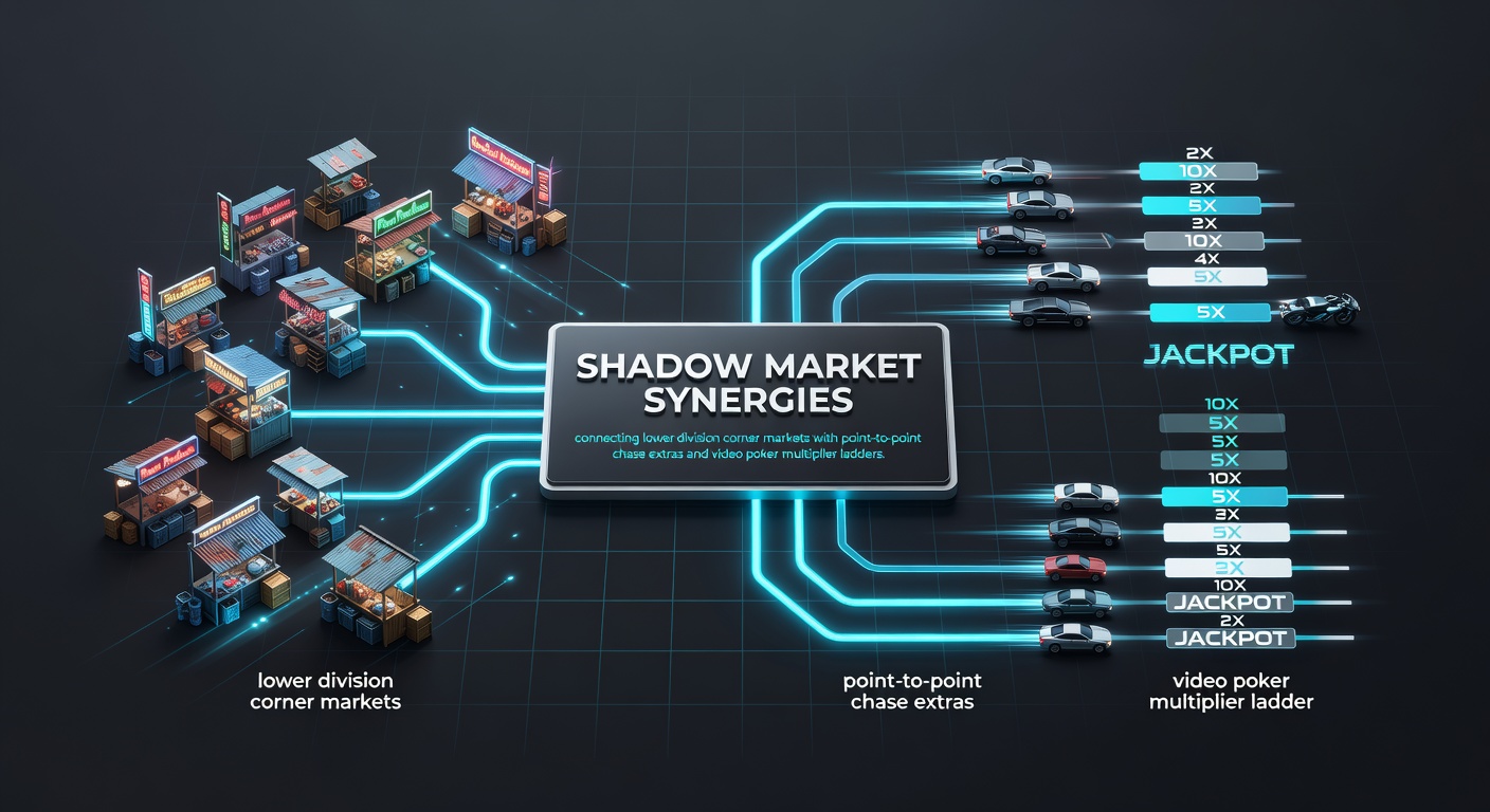 Illustration of interconnected betting markets showing corner bets in lower leagues flowing into point-to-point extras and video poker ladders