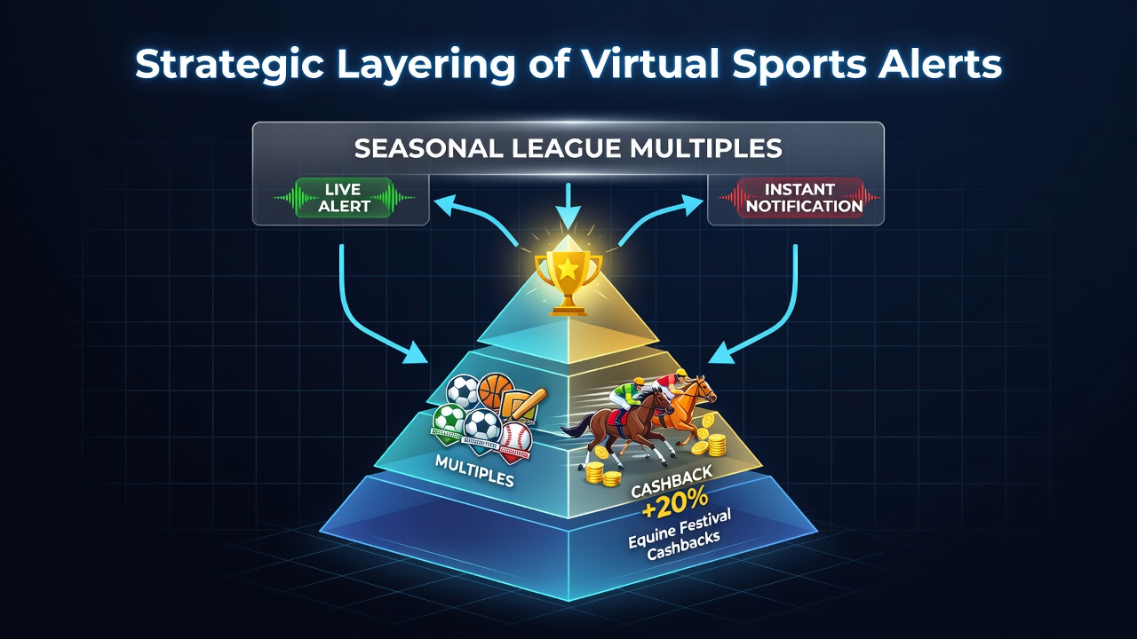 Strategic layering diagram showing virtual sports alerts integrated with league multiples and equine cashback tiers