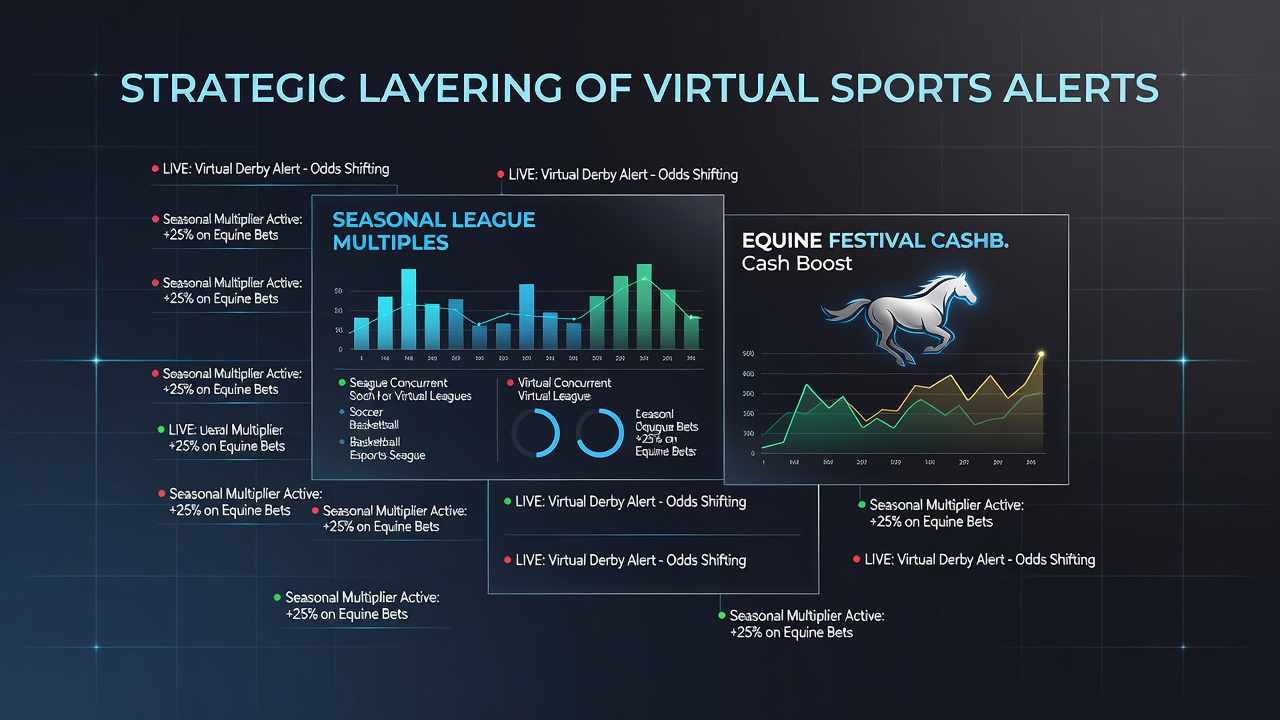Tiered progression chart illustrating alert layering across virtual sports, leagues, and equine cashbacks