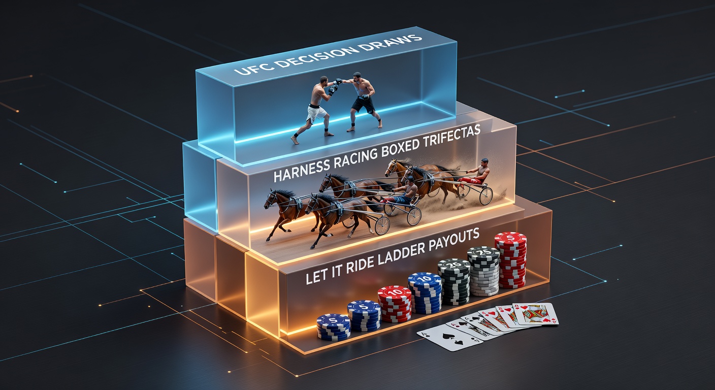 Collage of UFC octagon action, harness racing trotters crossing the finish line, and Let It Ride poker table layout highlighting ladder payouts