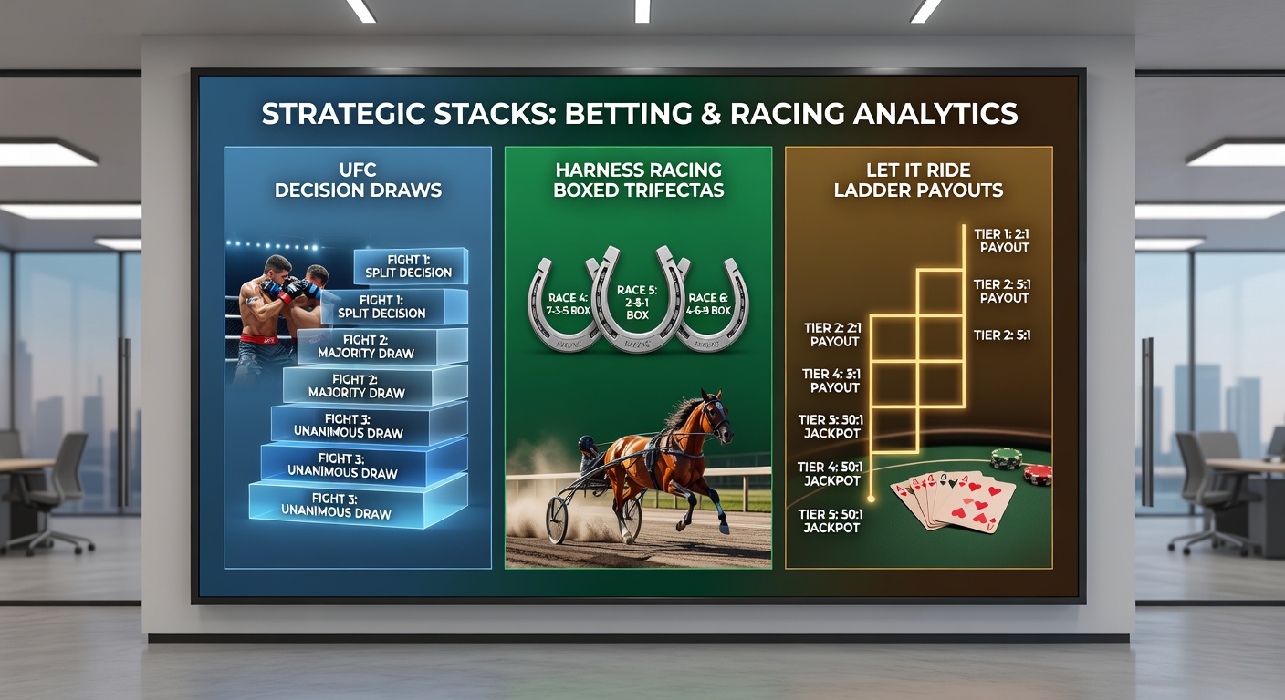 Close-up of a harness racing trifecta ticket, UFC scorecard showing a draw, and Let It Ride bonus ladder graphic