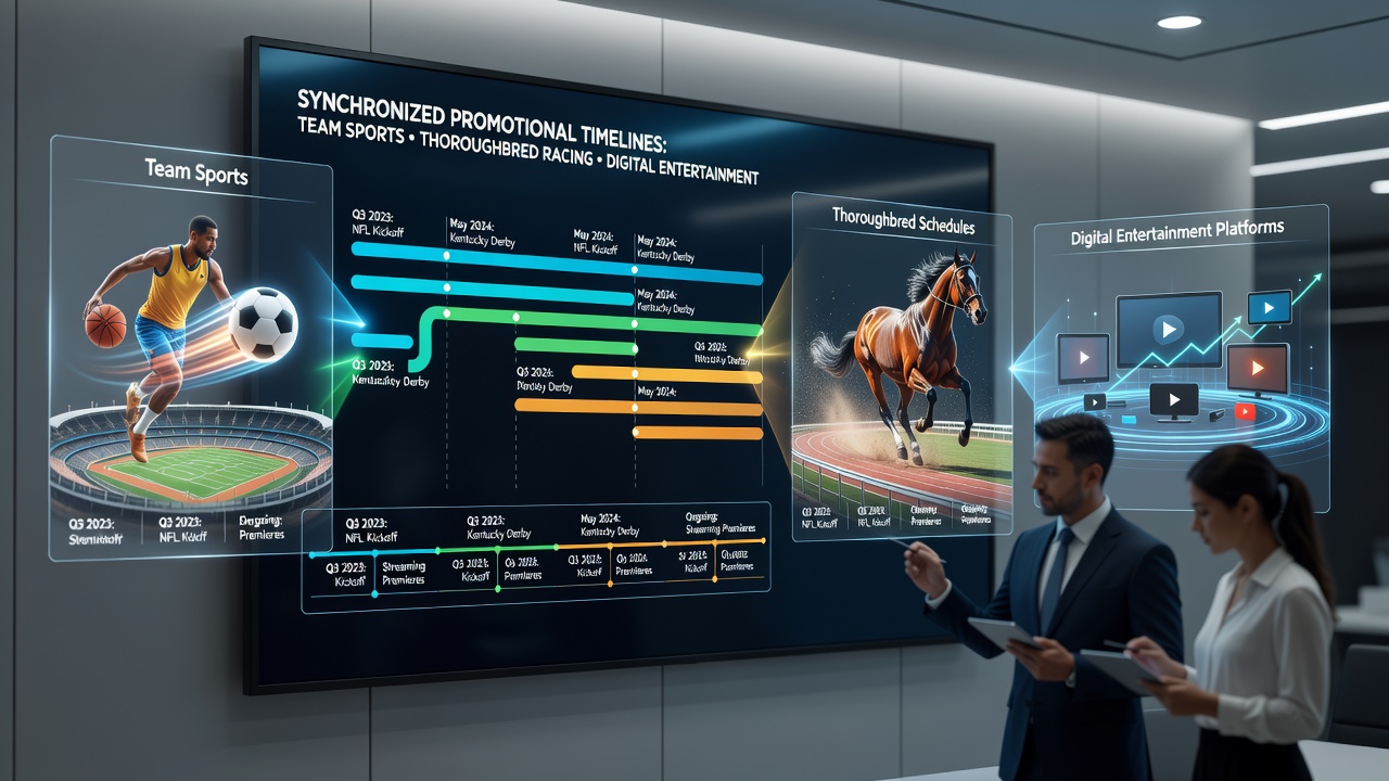 Visual representation of coordinated promotional calendars linking team sports events, thoroughbred racing fixtures, and digital entertainment releases