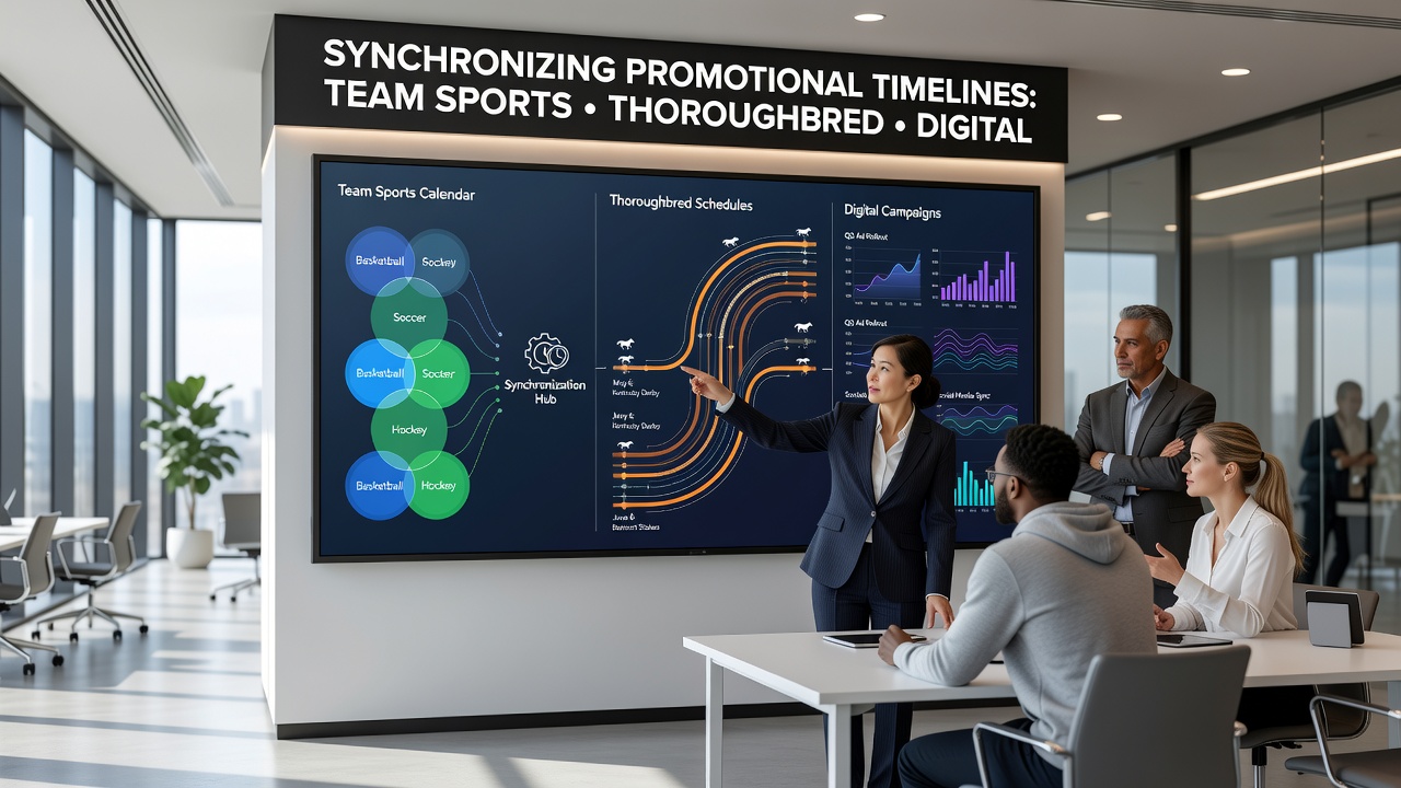 Illustration showing integrated timelines connecting football seasons, horse racing meets, and streaming service launches