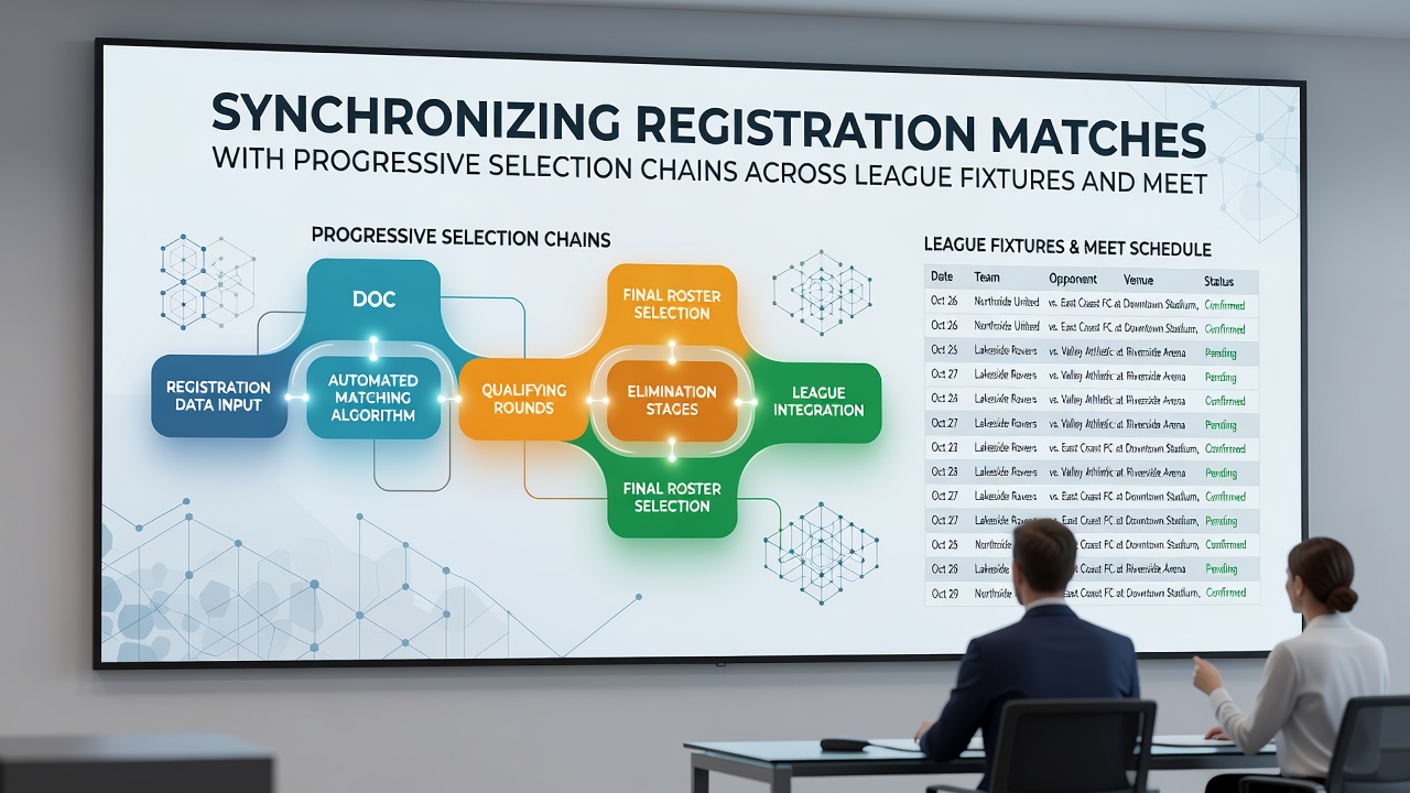 Digital dashboard displaying synchronized timelines for registrations, progressive selections, fixtures, and administrative meetings