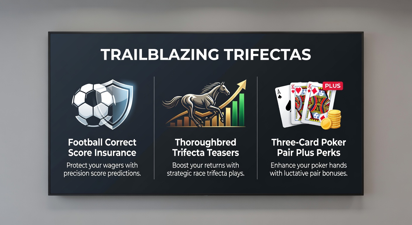 Dynamic collage showing a soccer goal celebration, thundering thoroughbred horses crossing the finish line, and a winning three-card poker hand with pair plus payout