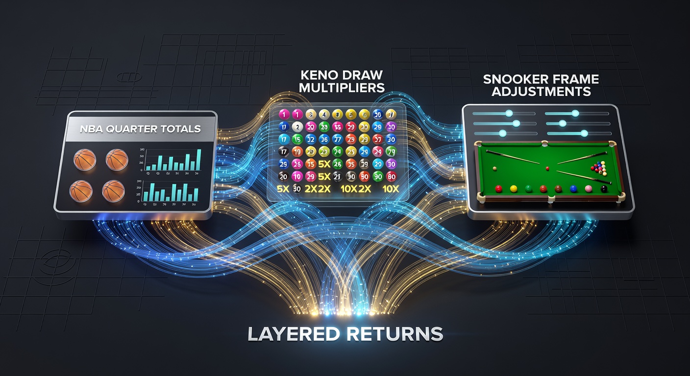 Diagram showing layered betting structures across NBA quarters, keno draws, and snooker frames with multiplier indicators